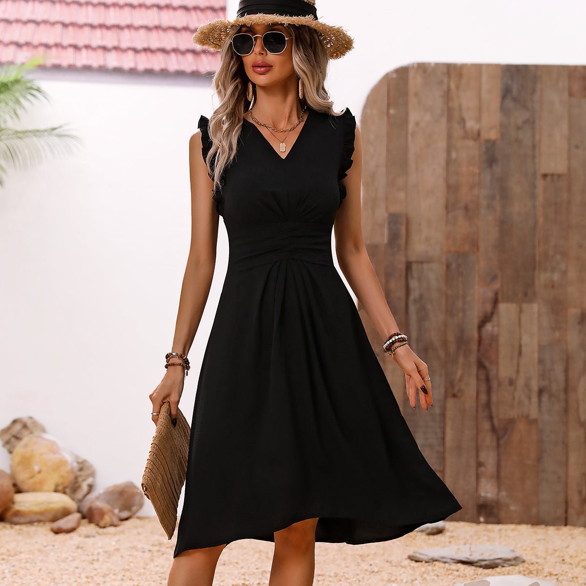 Solid Black V Neck Frill Casual Dress - Image 5