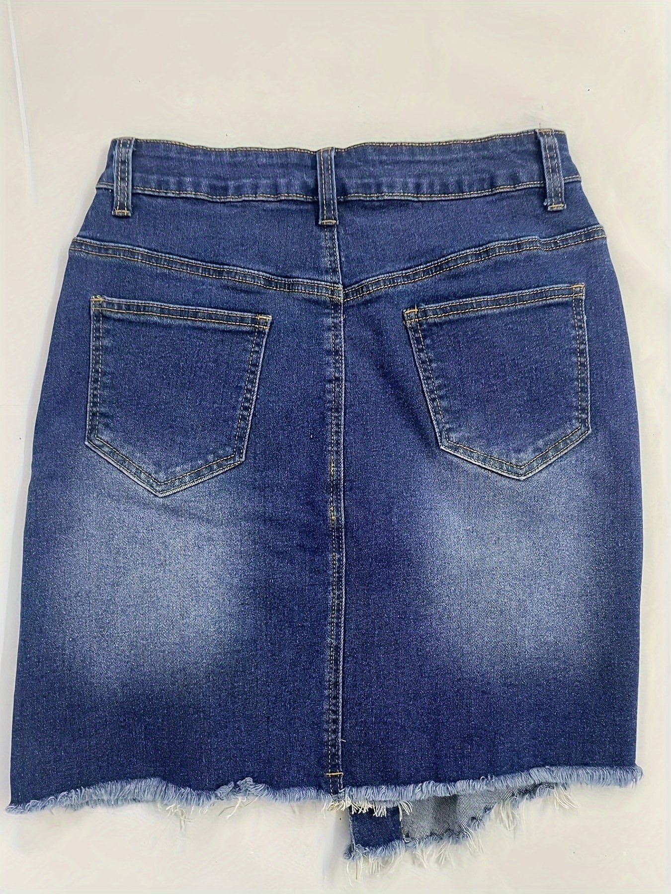 Ripped Asymmetric Single-breasted Raw Hem Denim Skirt, Medium Stretch Whiskering Distressed Denim Skirt, Women??s Denim Jeans & Clothing - Image 5