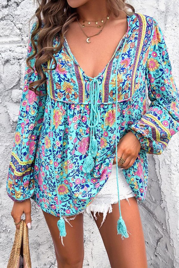 Bohemian Floral Print V Neck Casual Tops - Image 2