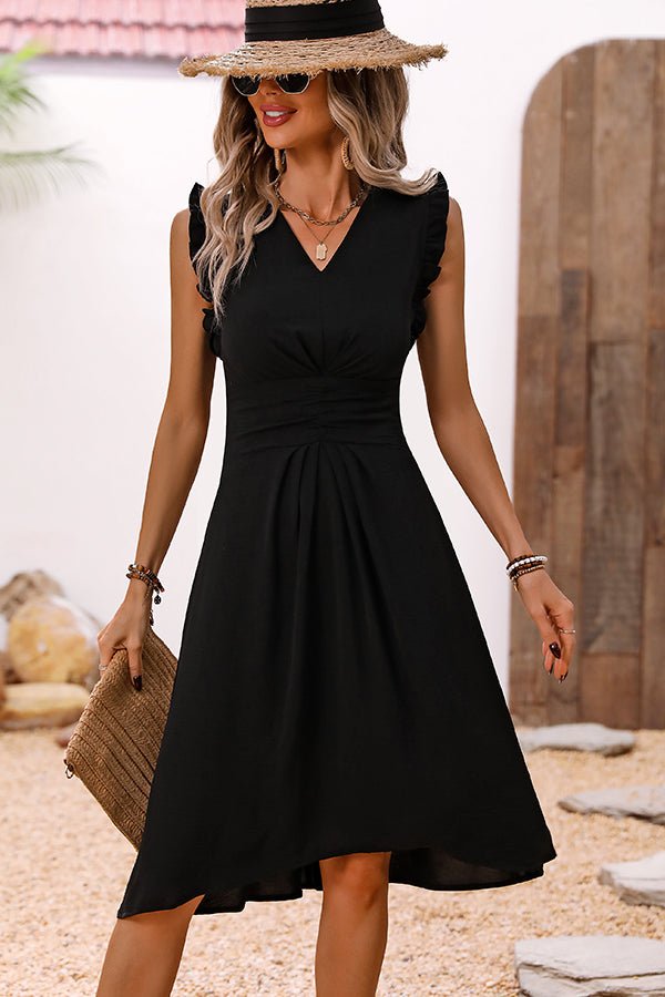 Solid Black V Neck Frill Casual Dress - Image 3