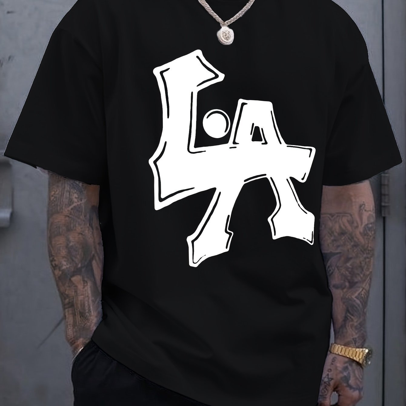 Men??s Los Angeles Print Short Sleeve T-Shirts, Comfy Casual Elastic Crew Neck Tops, Men??s Clothing - Image 2