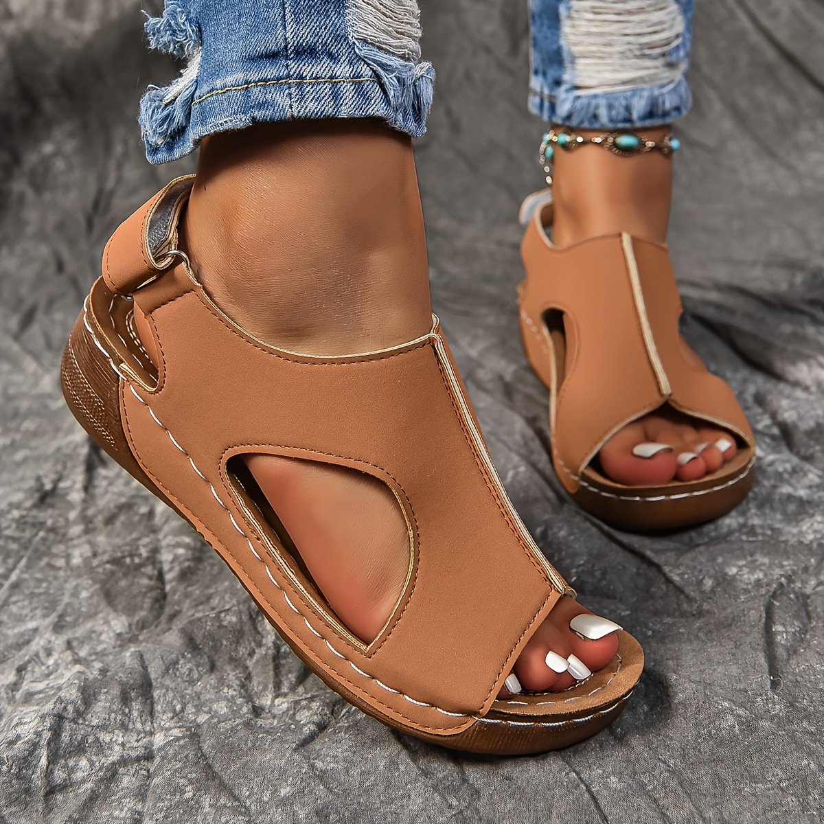 Women??s Solid Color Wedge Heeled Sandals, Casual Open Toe Platform Shoes, Comfortable Ankle Strap Sandals - Image 14