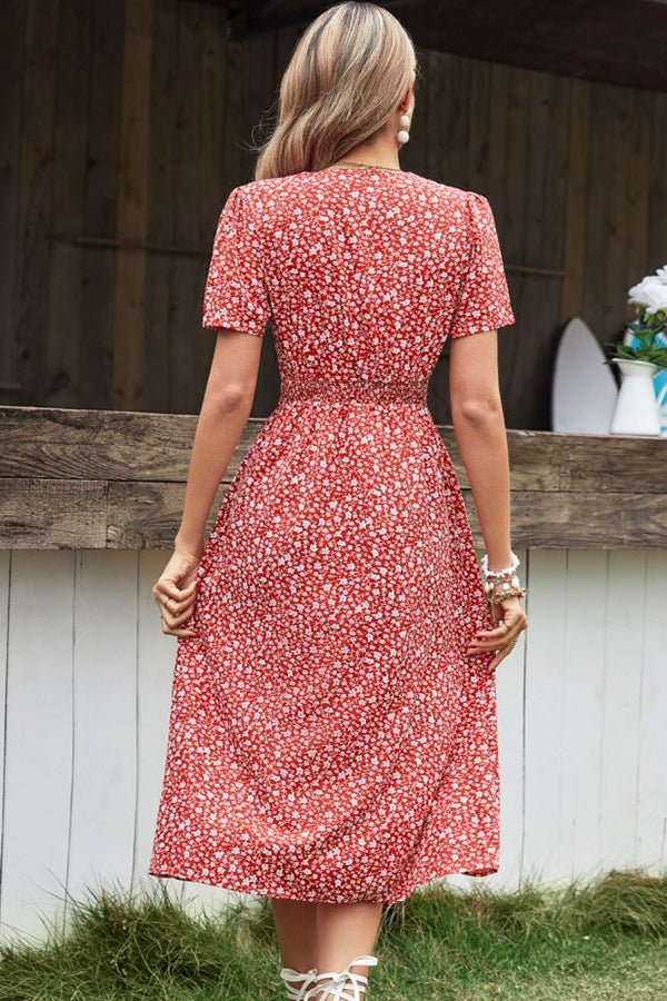 Tie Waist Floral Print V Neck Casual Dress - Image 6