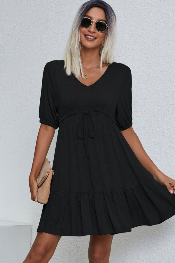 V Neck Drawstring Waist Solid Casual Mini Dress - Image 3
