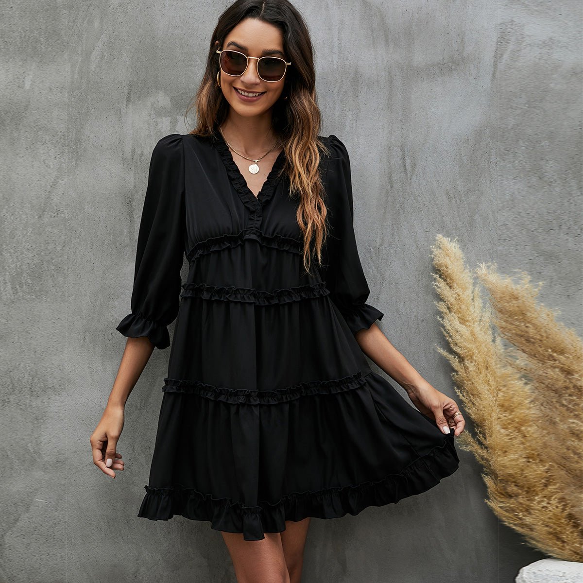 Solid Black and Ruffled V Neck Mini Dress - Image 6