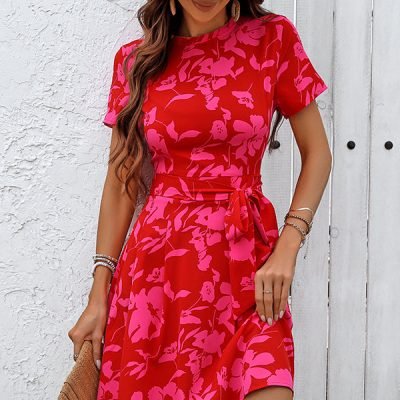 Floral Print Round Neck Tie Waist Casual Dress