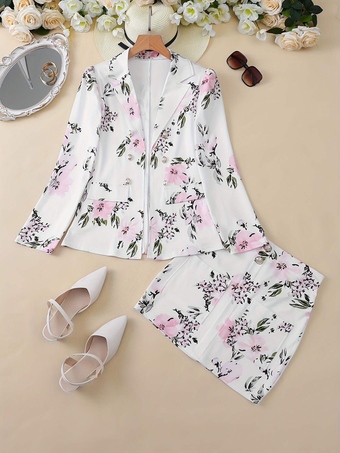 Floral Print Two-piece Suit Set, Elegant Double Breasted Blazer & Bodycon Skirt Outfits, Women??s Clothing - Image 4