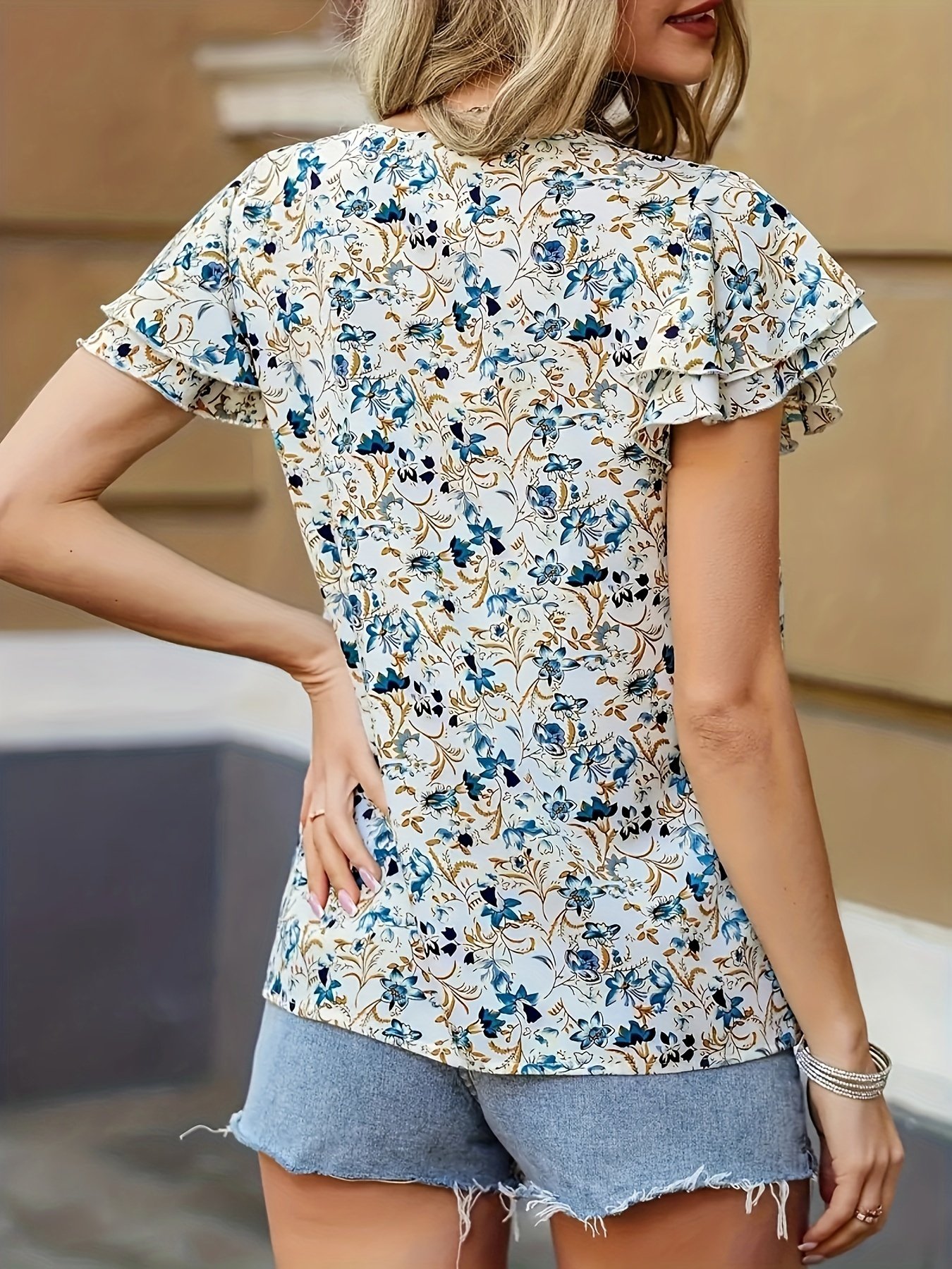 Floral Print Keyhole Blouse, Ruffle Layered Casual Blouse, Women??s Clothing - Image 3