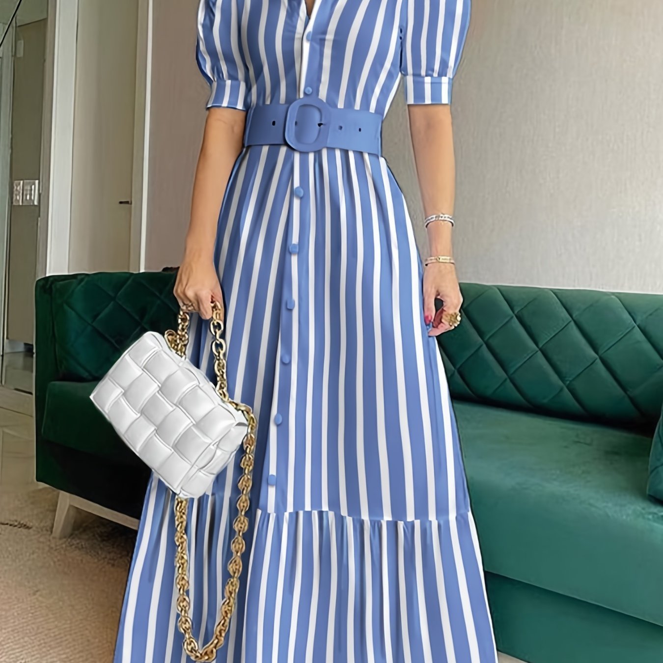 Elegant Striped Lace Up Long Dress, Short Sleeve V-neck Swing Belt Summer Long Dresses, Women??s Clothing - Image 2