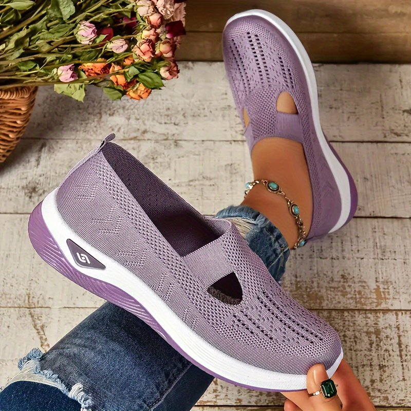 Women??s Solid Color Sneakers, Breathable Knit Slip On Outdoor Shoes, Lightweight Low Top Shoes - Image 10