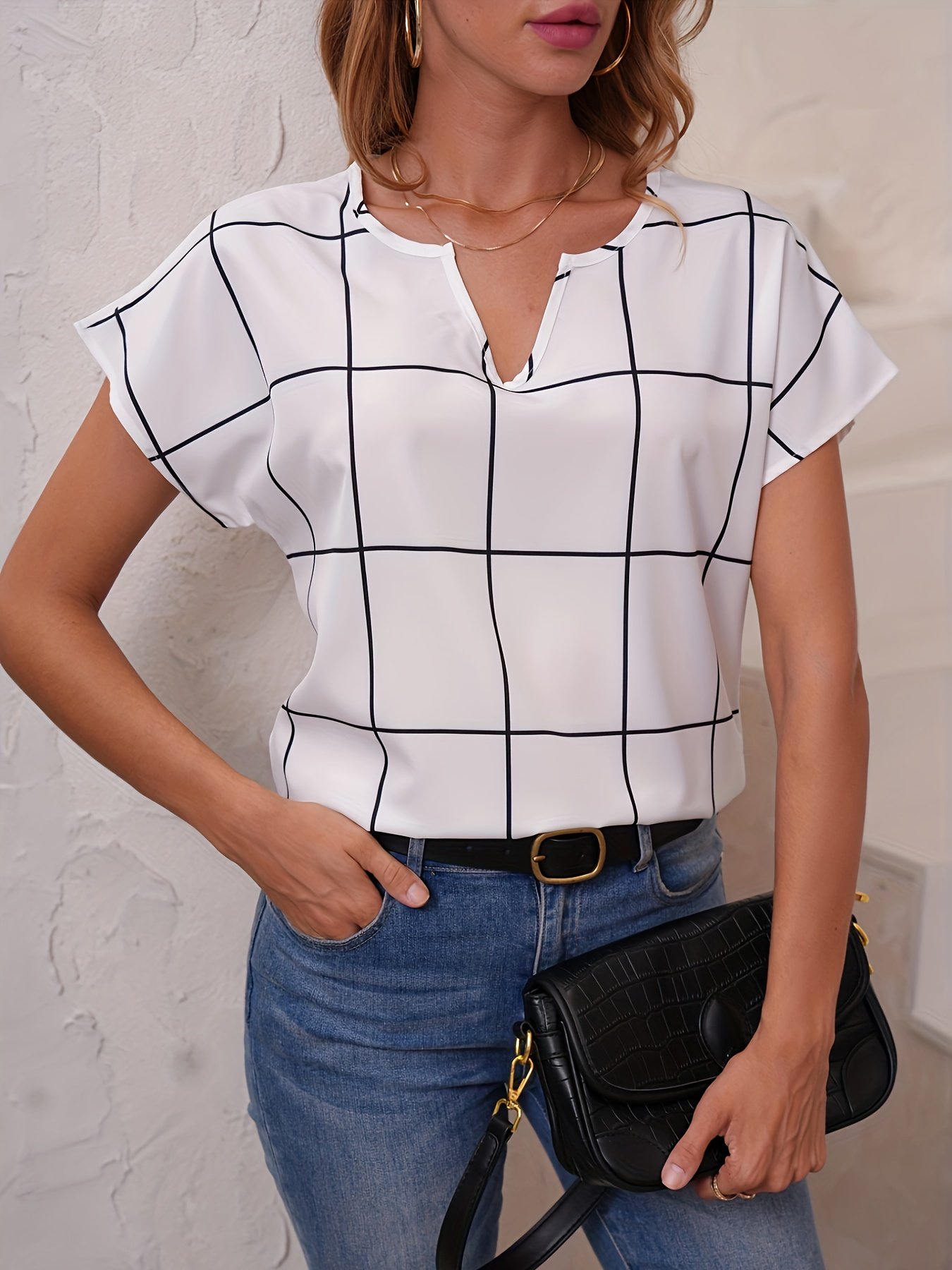 Plaid Print V Neck Blouse, Short Sleeve Casual Blouse For Spring & Summer, Women??s Clothing - Image 3