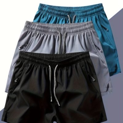 Men??s Three-piece Set Of Solid Color Shorts With Drawstring And Pockets, Casual And Comfy Shorts For Summer Fitness And Outdoors Activities