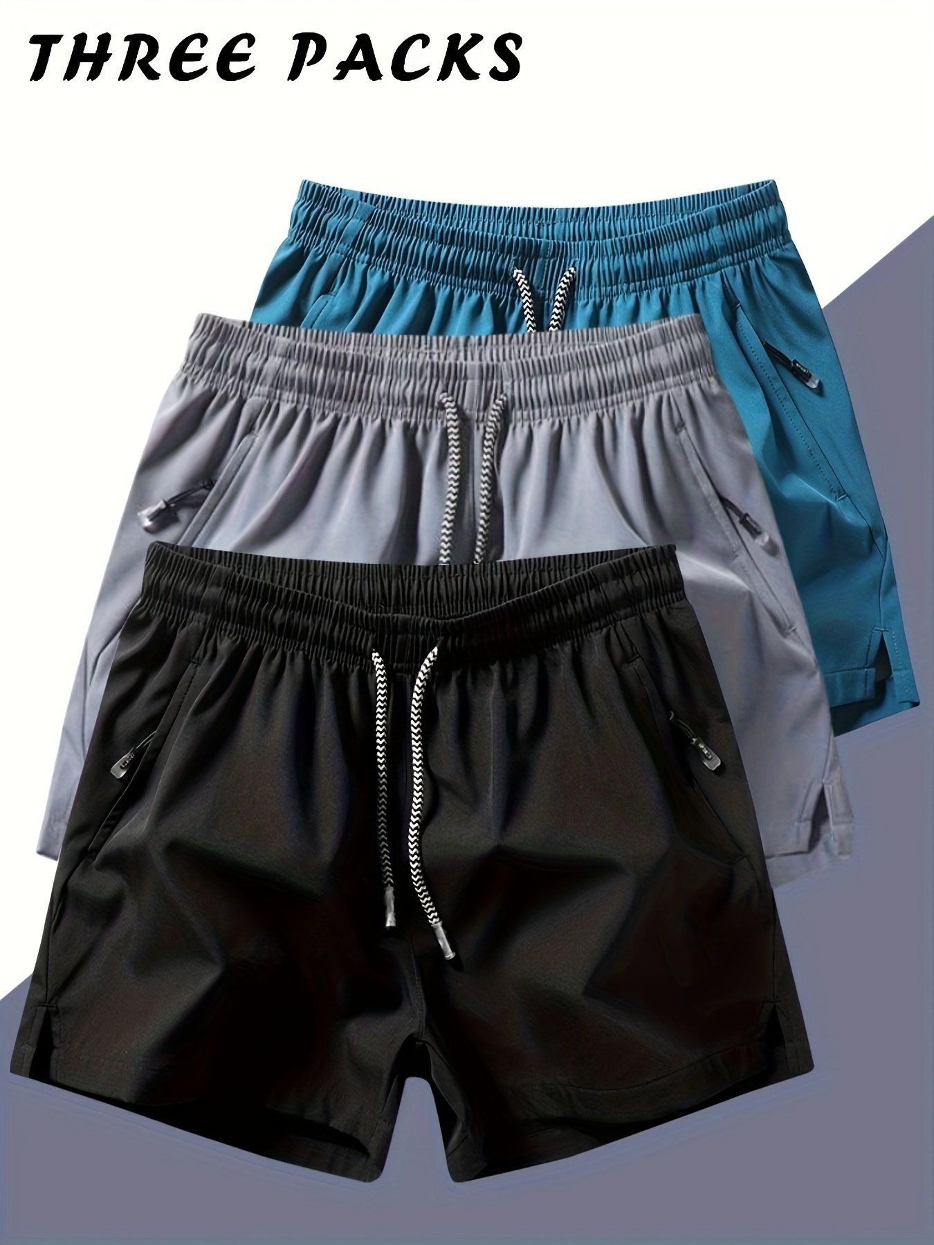 Men??s Three-piece Set Of Solid Color Shorts With Drawstring And Pockets, Casual And Comfy Shorts For Summer Fitness And Outdoors Activities
