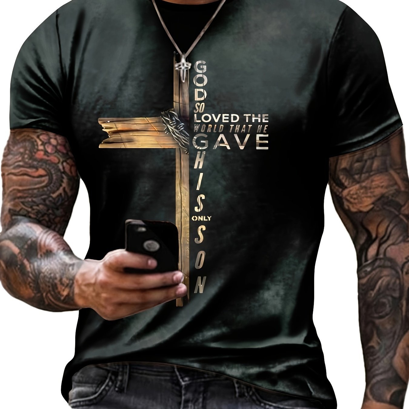 Cross Print, Men??s Graphic Design Crew Neck Active T-shirt, Casual Comfy Tees Tshirts For Summer, Men??s Clothing Tops For Daily Gym Workout Running, Men??s Clothing - Image 2