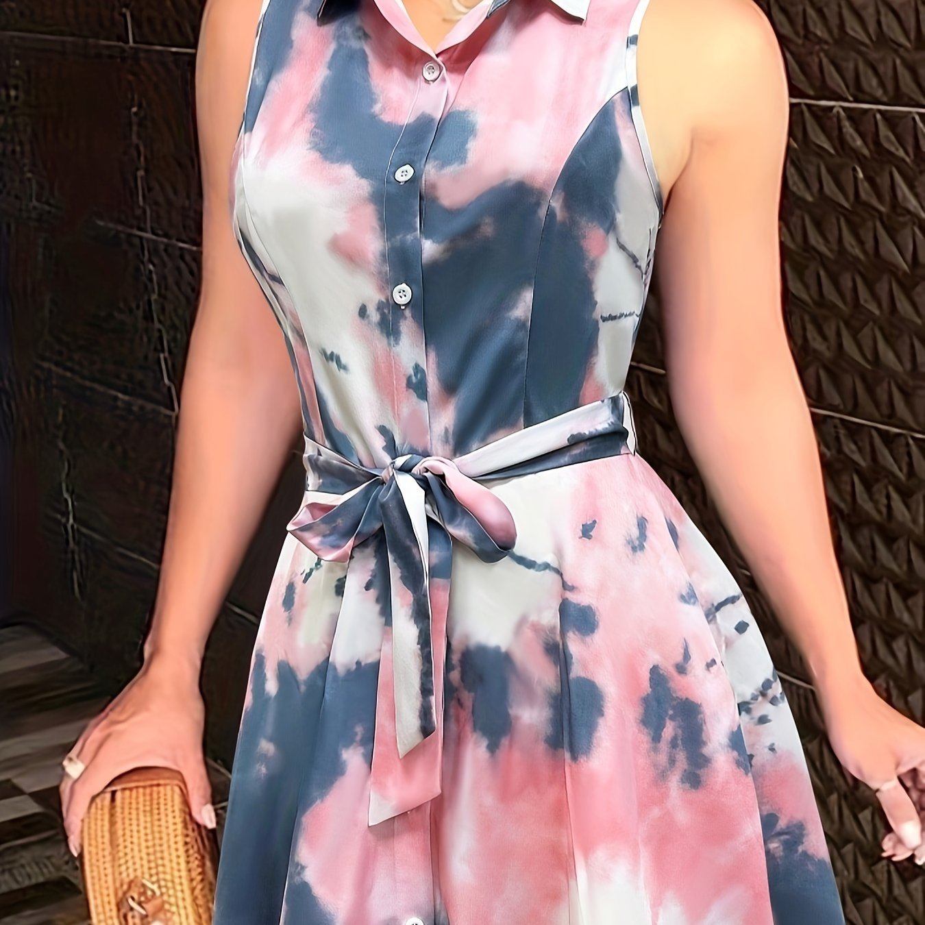 Abstract Print Button Front Sleeveless Dress, Casual Tie-waist Lapel Dress For Spring & Summer, Women??s Clothing - Image 9