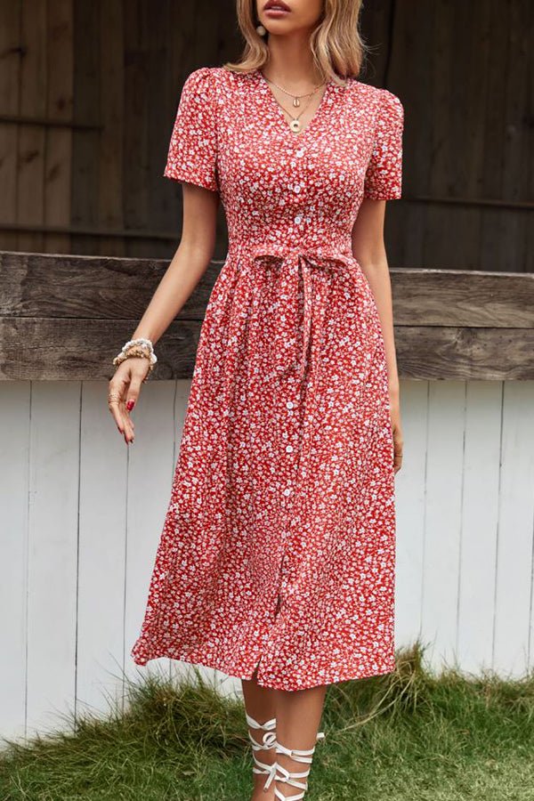 Tie Waist Floral Print V Neck Casual Dress - Image 5