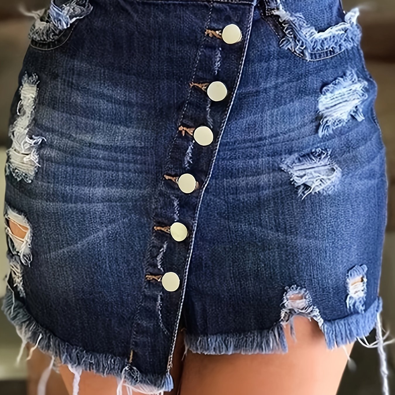 Ripped Asymmetric Single-breasted Raw Hem Denim Skirt, Medium Stretch Whiskering Distressed Denim Skirt, Women??s Denim Jeans & Clothing - Image 2