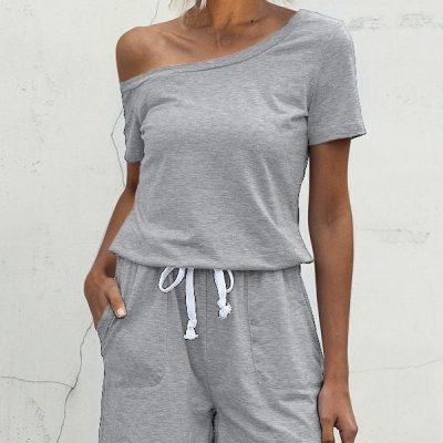Skew Neck Drawstring Waist Casual Rompers
