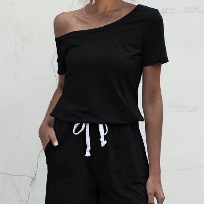 Skew Neck Drawstring Waist Black Rompers