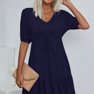 V Neck Drawstring Waist Solid Casual Mini Dress