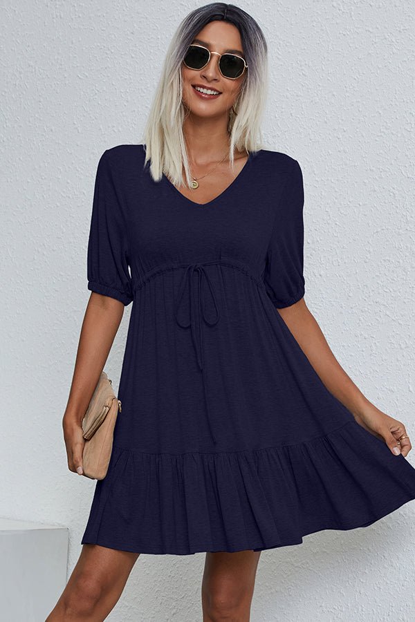 V Neck Drawstring Waist Solid Casual Mini Dress - Image 2