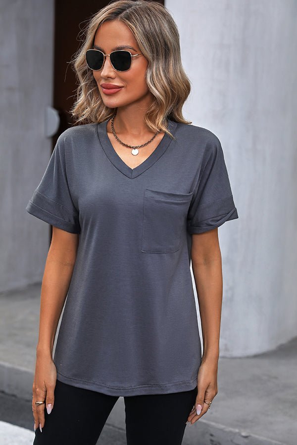 V Neck Short Sleeve Solid Casual Tops - Image 6