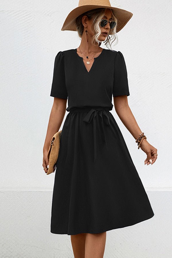 Solid Color V Neck Tie Waist Casual Dress - Image 4