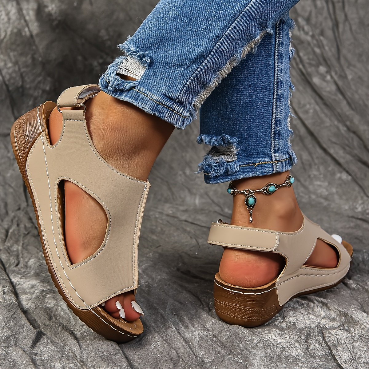 Women??s Solid Color Wedge Heeled Sandals, Casual Open Toe Platform Shoes, Comfortable Ankle Strap Sandals - Image 8