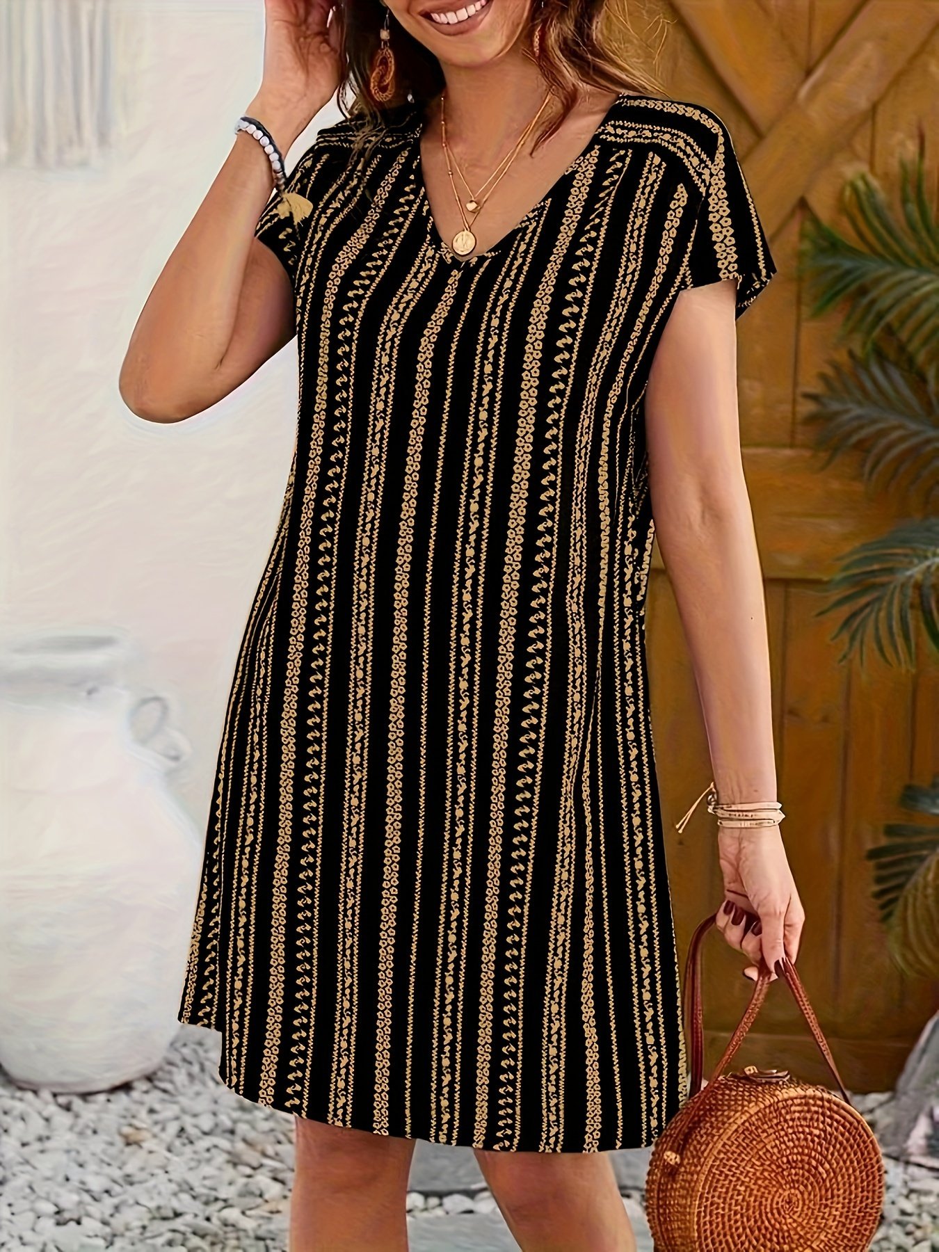 Striped V-neck Dress, Vacation Style Short Sleeve Shift Dress For Spring & Summer, Women??s Clothing