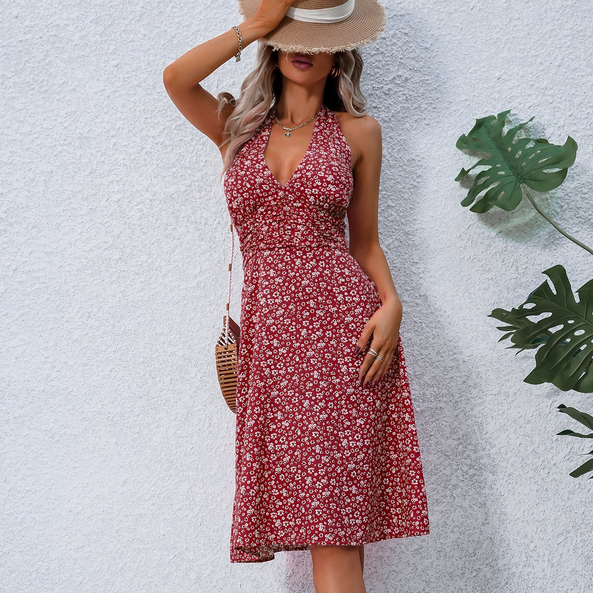 Fashion V Neck Floral Print Halter Neck Dress - Image 6