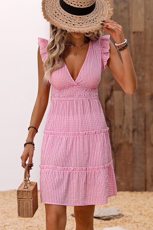 Plaid Print V Neck Frill Casual Dress - Image 2