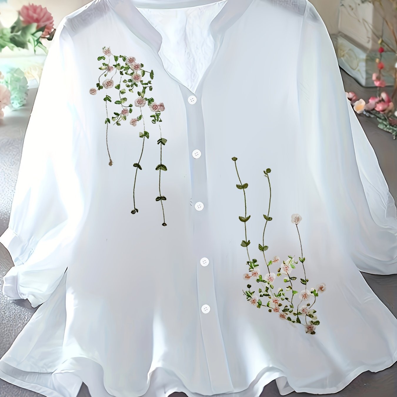 Floral Pattern Simple Blouse, Elegant Button Front Stand Collar Blouse, Women??s Clothing - Image 2
