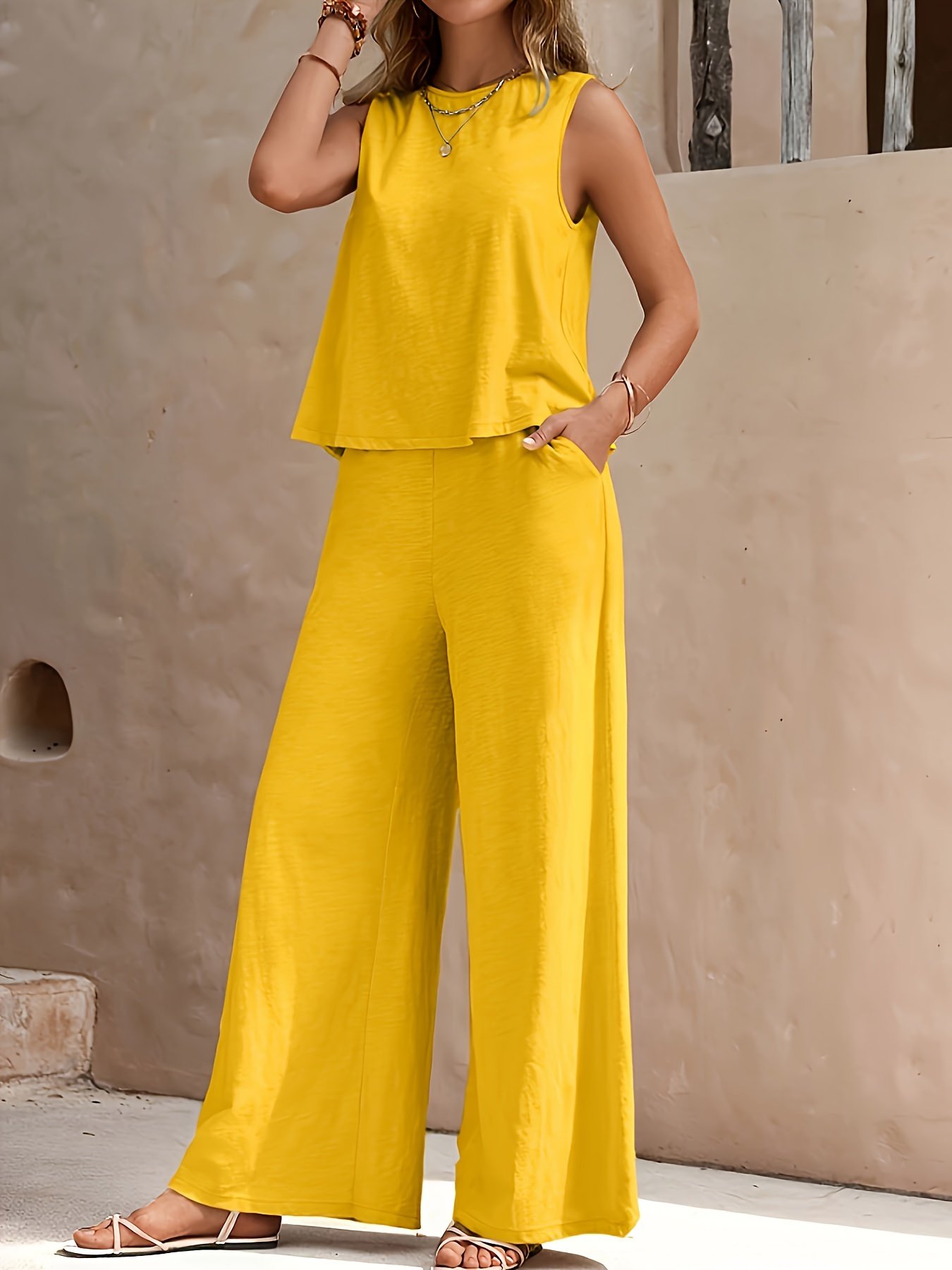 Solid Elegant Two-piece Set, Sleeveless Tank Top & Wide Leg Loose Pants Outfits, Women??s Clothing