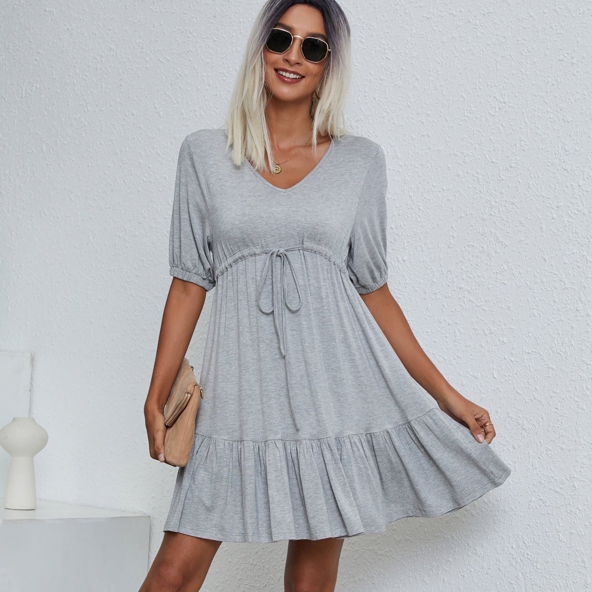 V Neck Drawstring Waist Solid Casual Mini Dress - Image 5