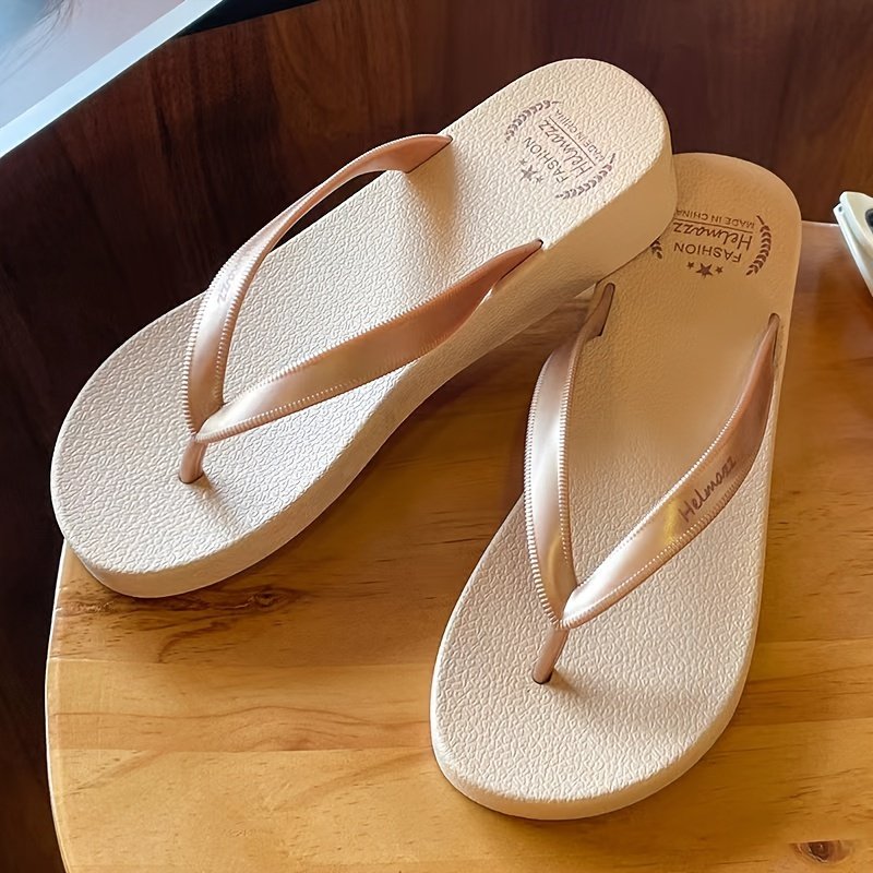 Women??s Summer Solid Color Wedge Flip Flops, Fashionable Slip On Lightweight Beach Slides, Non-Slip Durable Sole Slides - Image 3
