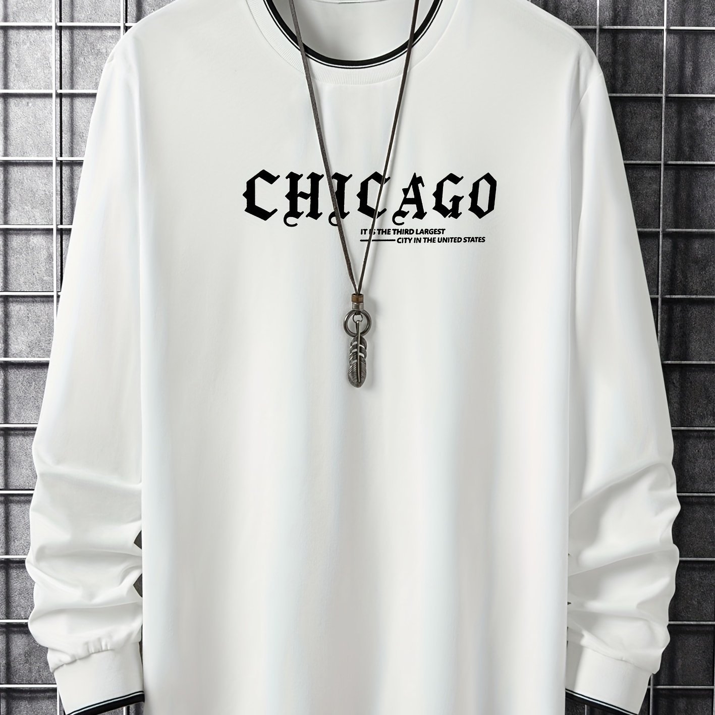 CHICAGO Print Men??s Street Daily Long Sleeve High Stretch T-shirt, Spring Fall Outdoor, Men??s Clothing - Image 2