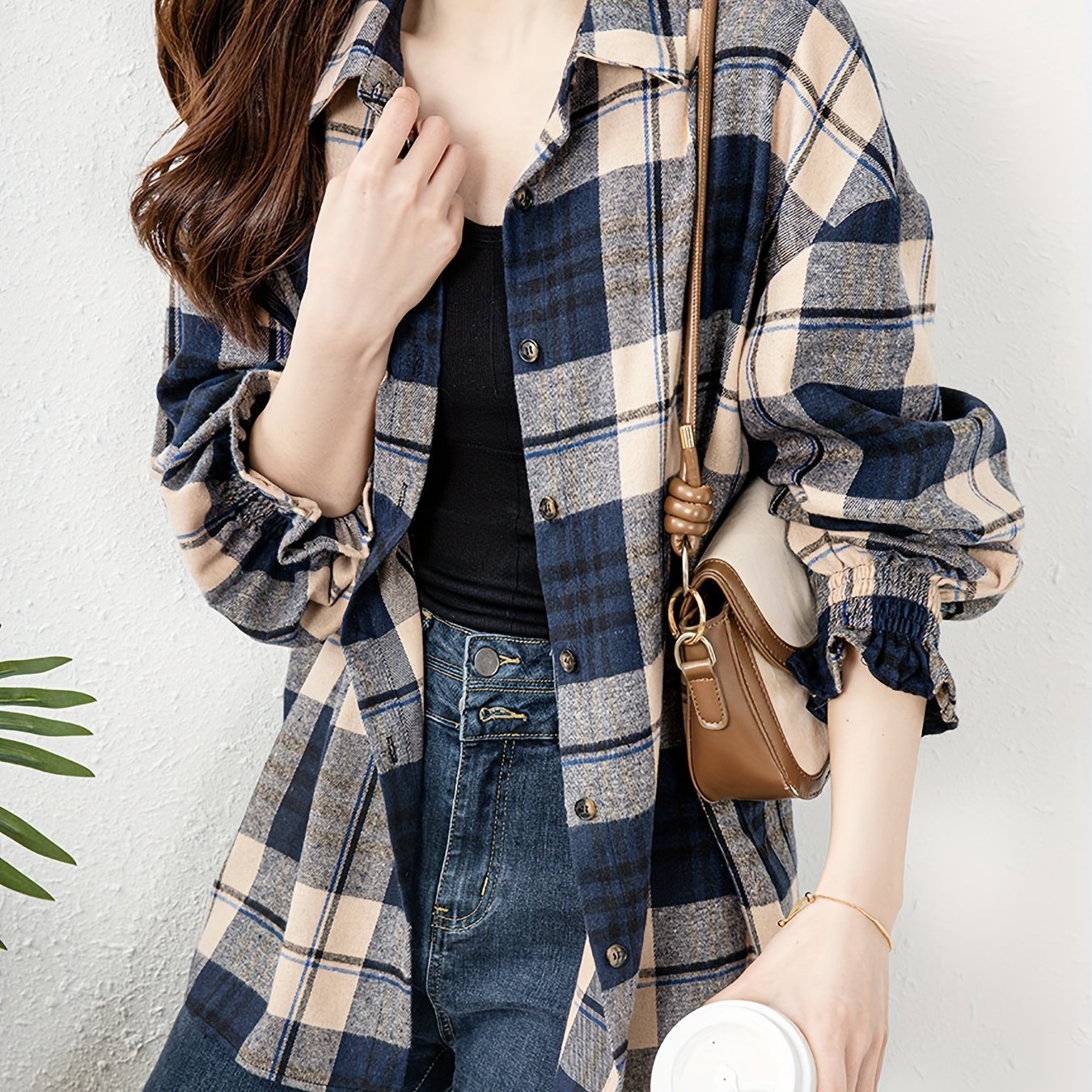 Plaid Print Button Front Blouse, Casual Long Sleeve Blouse For Spring & Fall, Women??s Clothing - Image 2