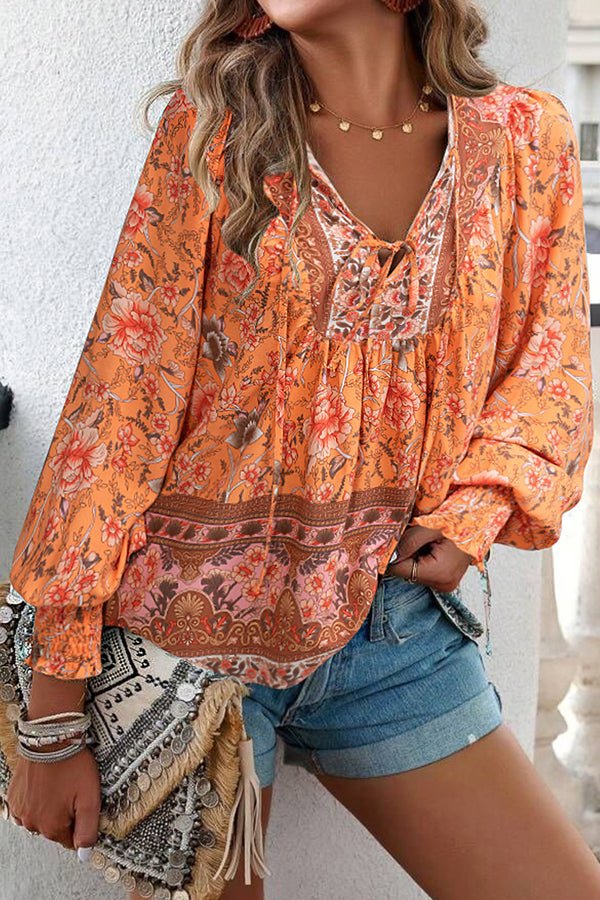 Floral Print Long Sleeve V Neck Casual Tops - Image 4