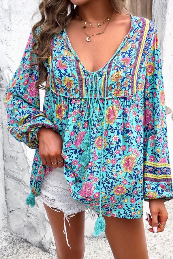 Bohemian Floral Print V Neck Casual Tops - Image 4
