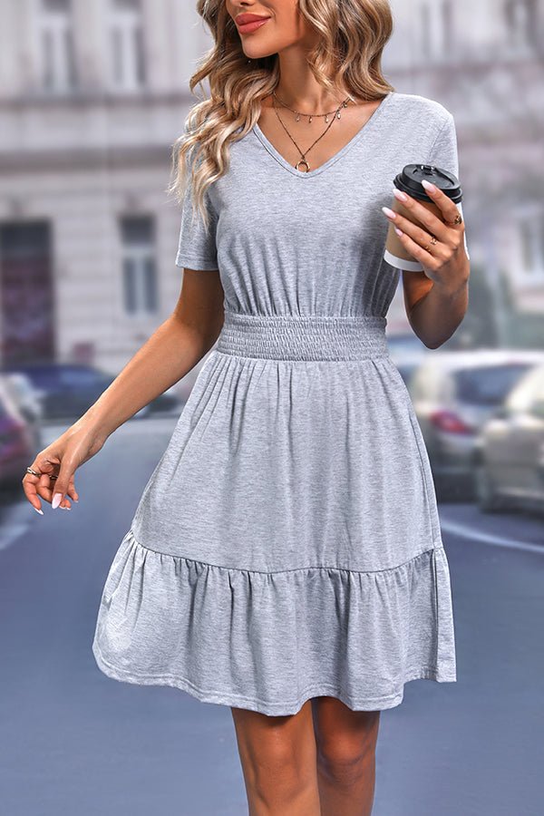 Solid Smocked V Neck Casual Mini Dress - Image 2