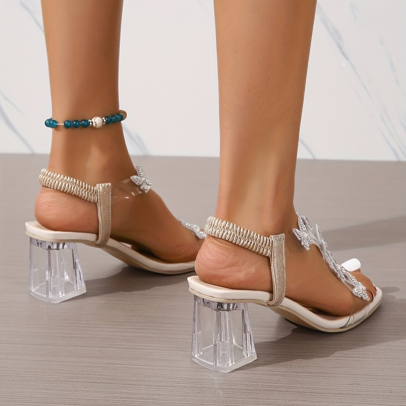 Women??s Butterfly Clear Chunky Heels, Square Open Toe Elastic Strap Mid Heels, Stylish Slip On Slingback Sandals - Image 4