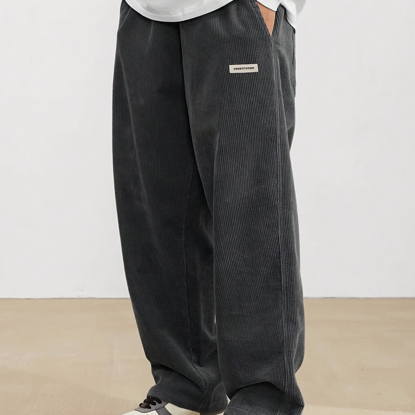 Men??s Loose-Fit Corduroy Casual Pants With Pockets In Solid Color, Breathable Straight-Leg Drawstring Trousers For Urban Streetwear And Outdoor Activities, Casual Style - Image 4
