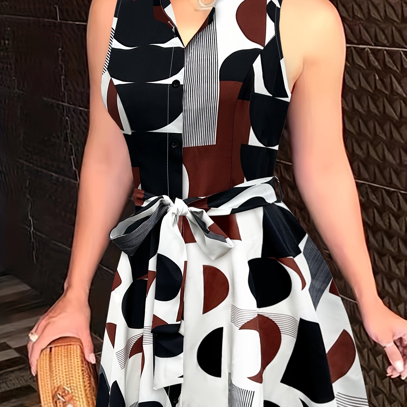 Abstract Print Button Front Sleeveless Dress, Casual Tie-waist Lapel Dress For Spring & Summer, Women??s Clothing - Image 4