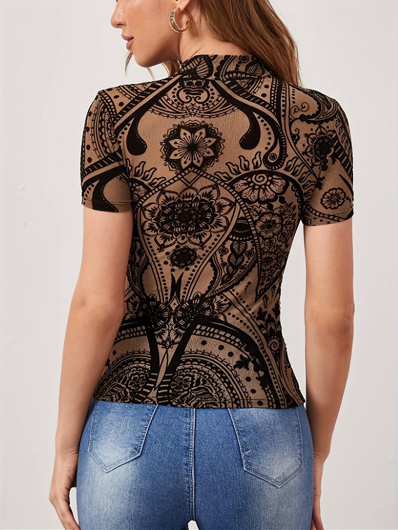 Vintage Floral Print Slim T-shirt, Vintage Short Sleeve Mock Neck Top For Spring & Summer, Women??s Clothing - Image 3
