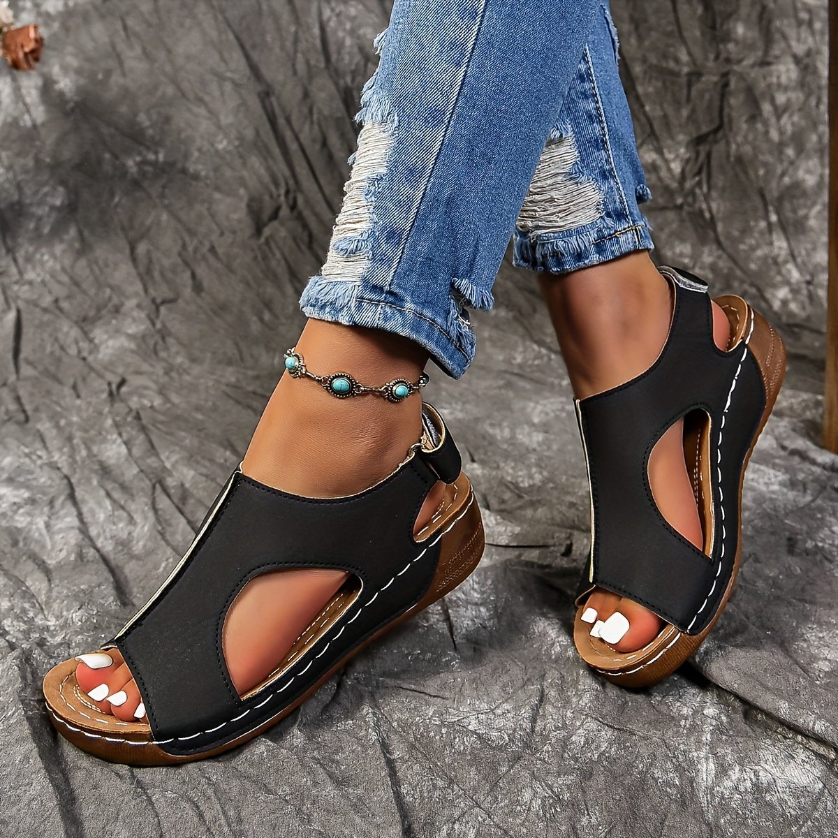 Women??s Solid Color Wedge Heeled Sandals, Casual Open Toe Platform Shoes, Comfortable Ankle Strap Sandals - Image 10