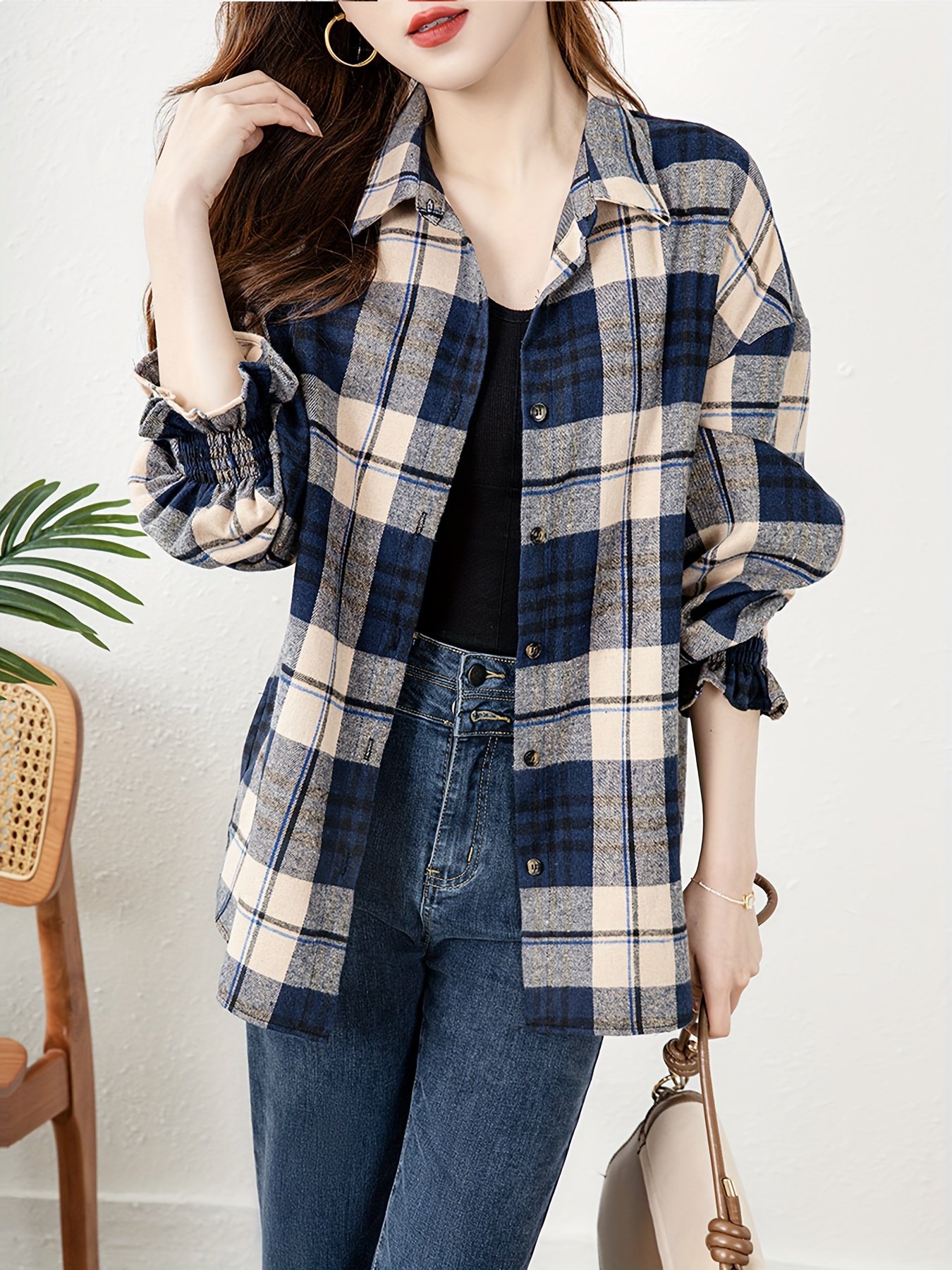 Plaid Print Button Front Blouse, Casual Long Sleeve Blouse For Spring & Fall, Women??s Clothing - Image 5
