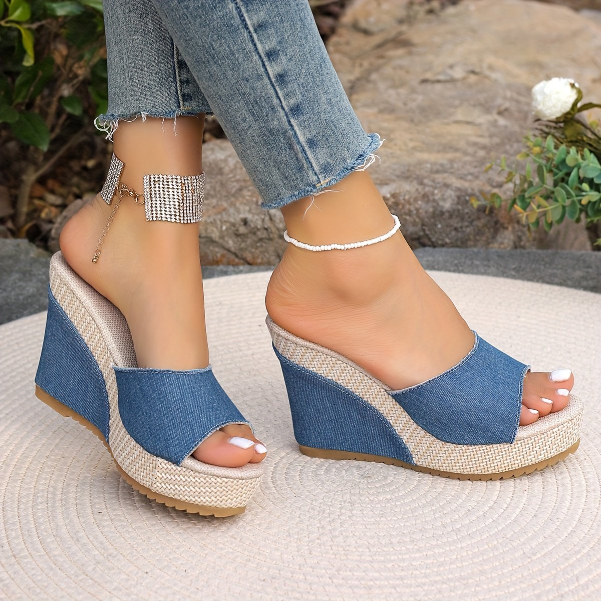 Women??s Solid Color Casual Sandals, Platform Slip On Peep Toe Walking Slides, Comfort Wedge Beach Shoes
