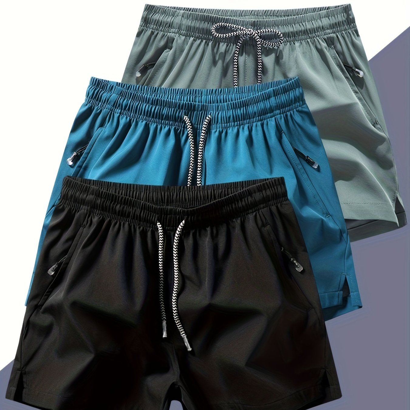 Men??s Three-piece Set Of Solid Color Shorts With Drawstring And Pockets, Casual And Comfy Shorts For Summer Fitness And Outdoors Activities - Image 3