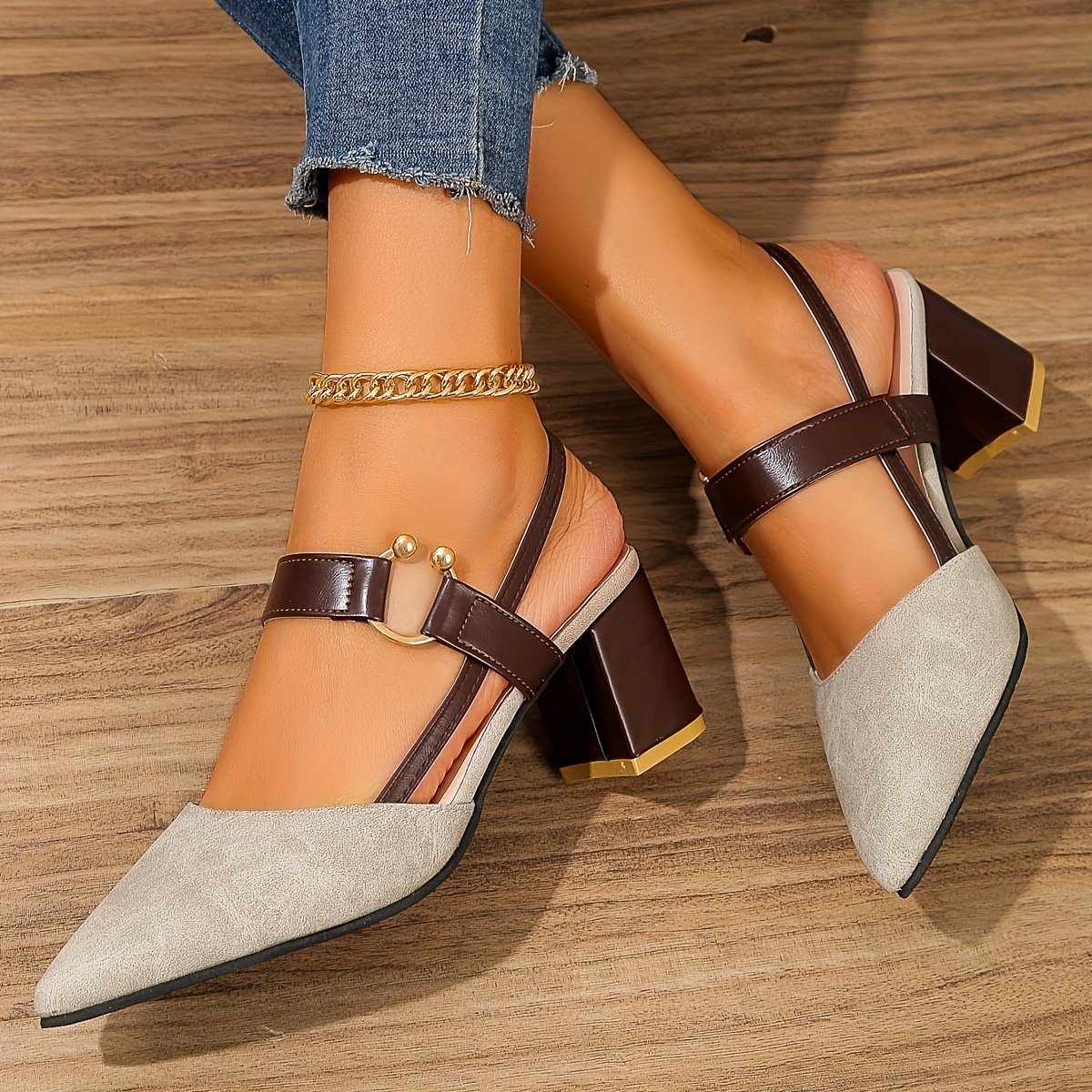 Women??s Pointed Toe Block High Heel Sandals, Fashion Solid Color Slingback Shoes, Versatile Mid Heels - Image 8