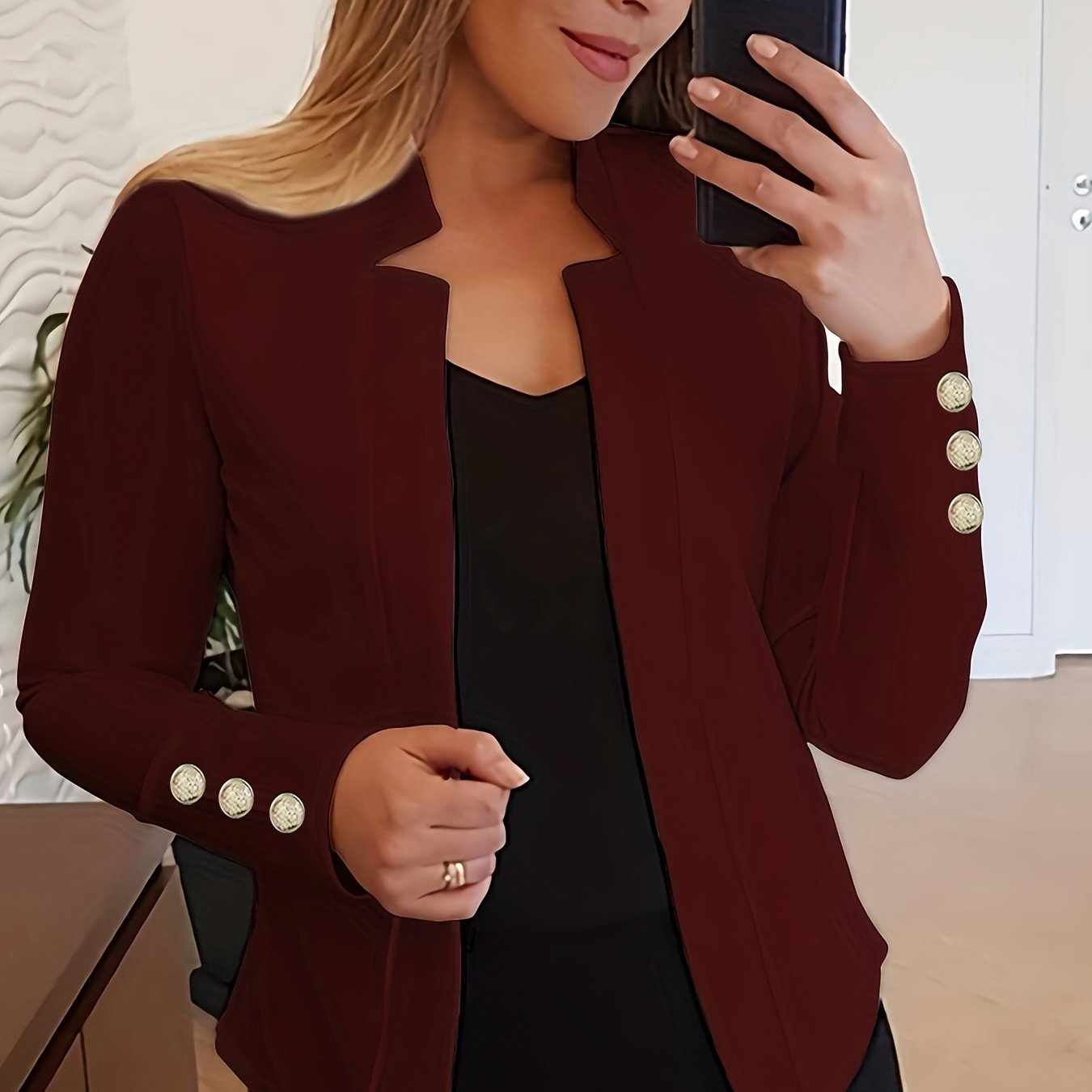 Solid Open Front Blazer, Casual Long Sleeve Button Blazer For Office & Work, Women??s Clothing - Image 10